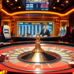 Experience thrilling gaming at https://urr88.com/ with this vibrant casino scene filled with roulette tables and players.