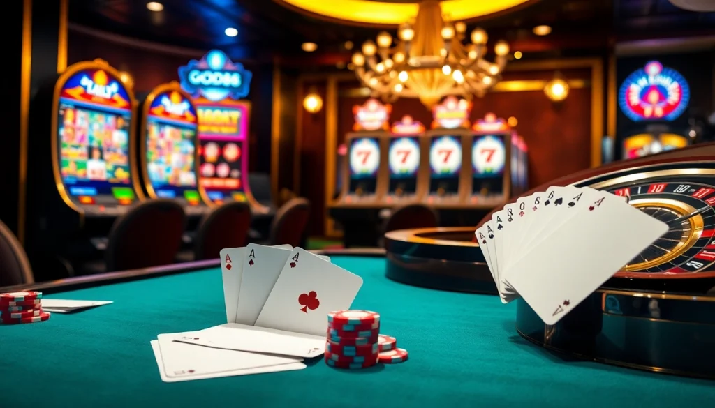 Experience the excitement of good88 gaming at a lavish casino with vibrant poker chips and roulette.