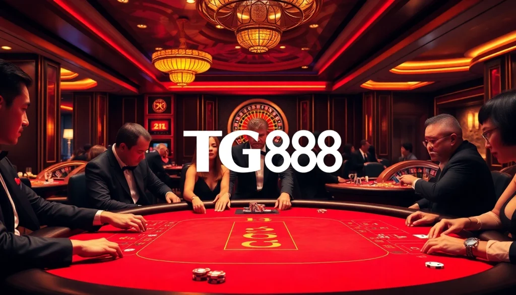 TG88 logo showcased on a luxurious poker table in a vibrant casino scene.