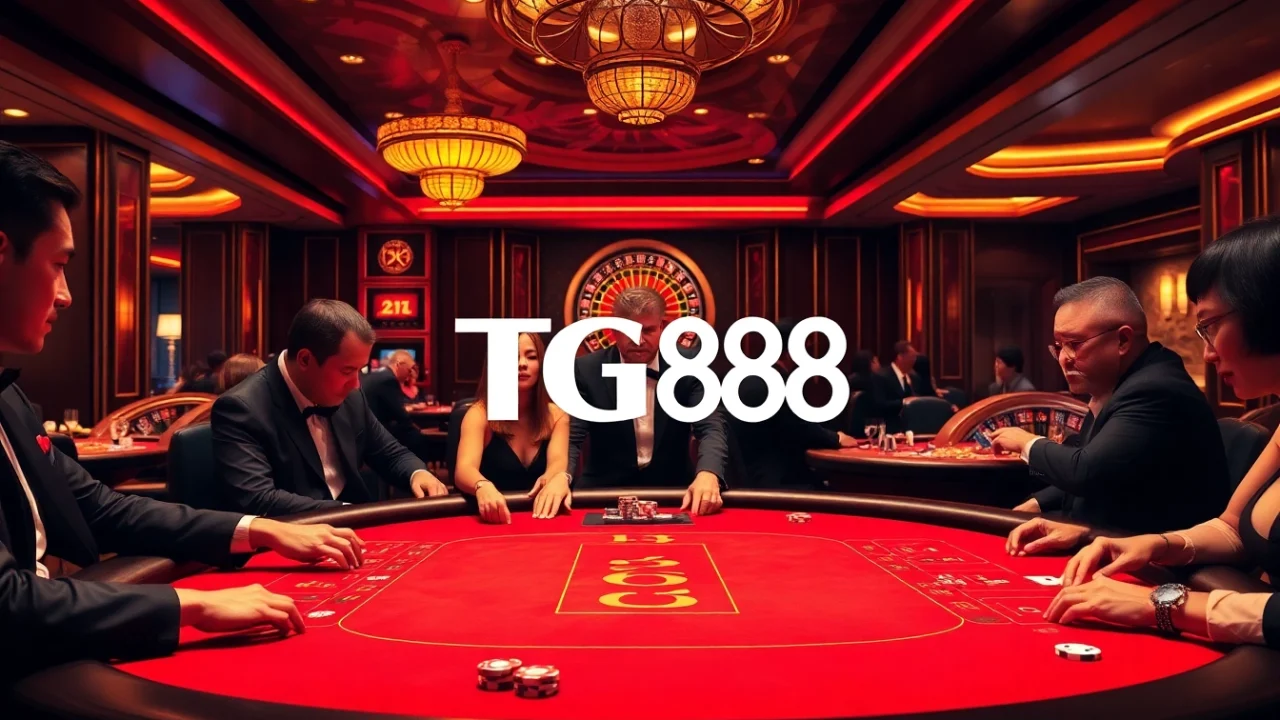 TG88 logo showcased on a luxurious poker table in a vibrant casino scene.