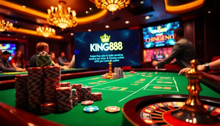 Experience thrilling gameplay with KING88 at an elegant casino table surrounded by vibrant poker chips.