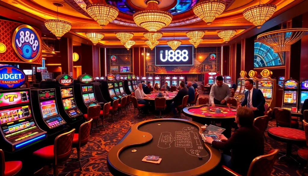Engaging casino scene featuring U888 slot machines and poker tables, exuding excitement.
