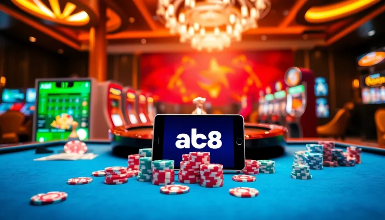 Experience the excitement of abc8 uy tín at a vibrant casino table filled with poker chips and cards.
