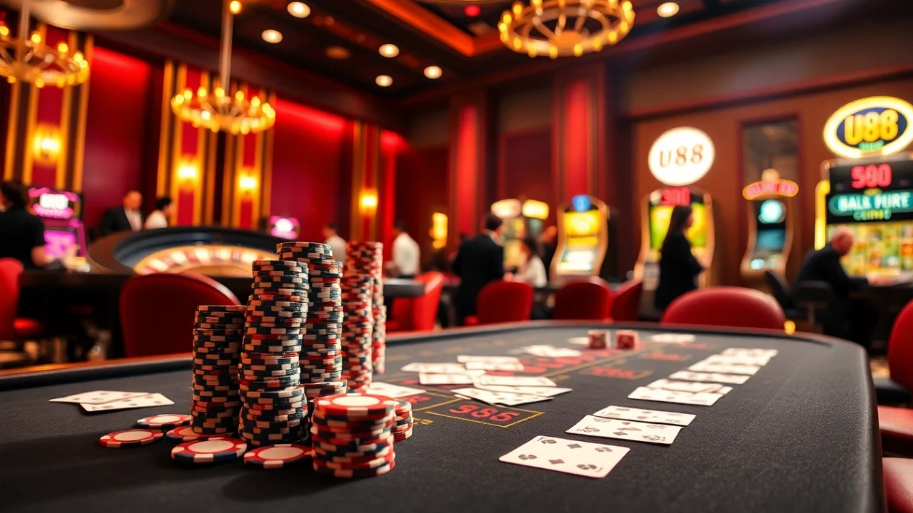 Play cards and poker chips at an exciting u88 casino gaming table atmosphere.