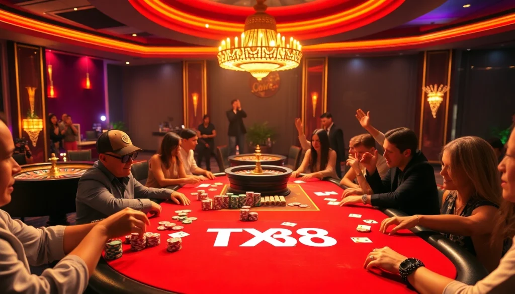 Experience the excitement of TX88 at a luxurious poker table with colorful chips and cards.