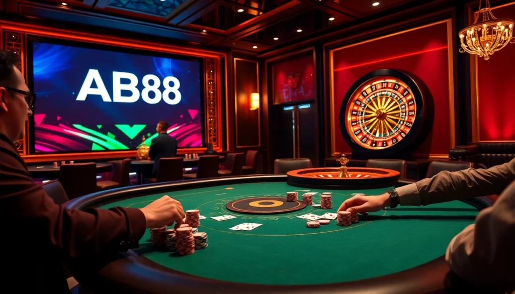 Players enjoy poker and roulette in a luxurious casino featuring ABC8 on a backdrop, embracing the thrill.