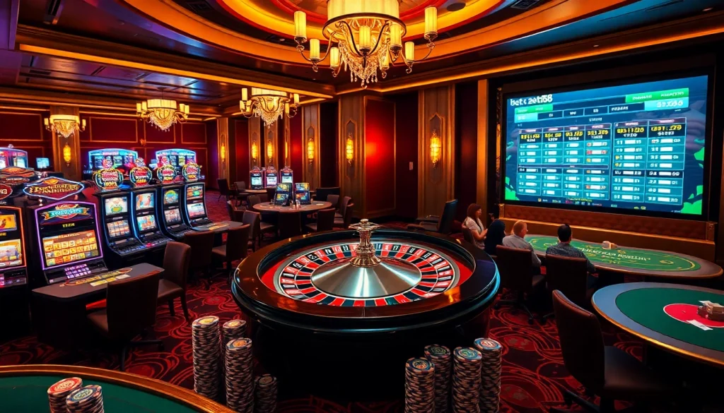 Experience excitement at Bet88’s luxurious casino with vibrant tables and glowing slot machines.