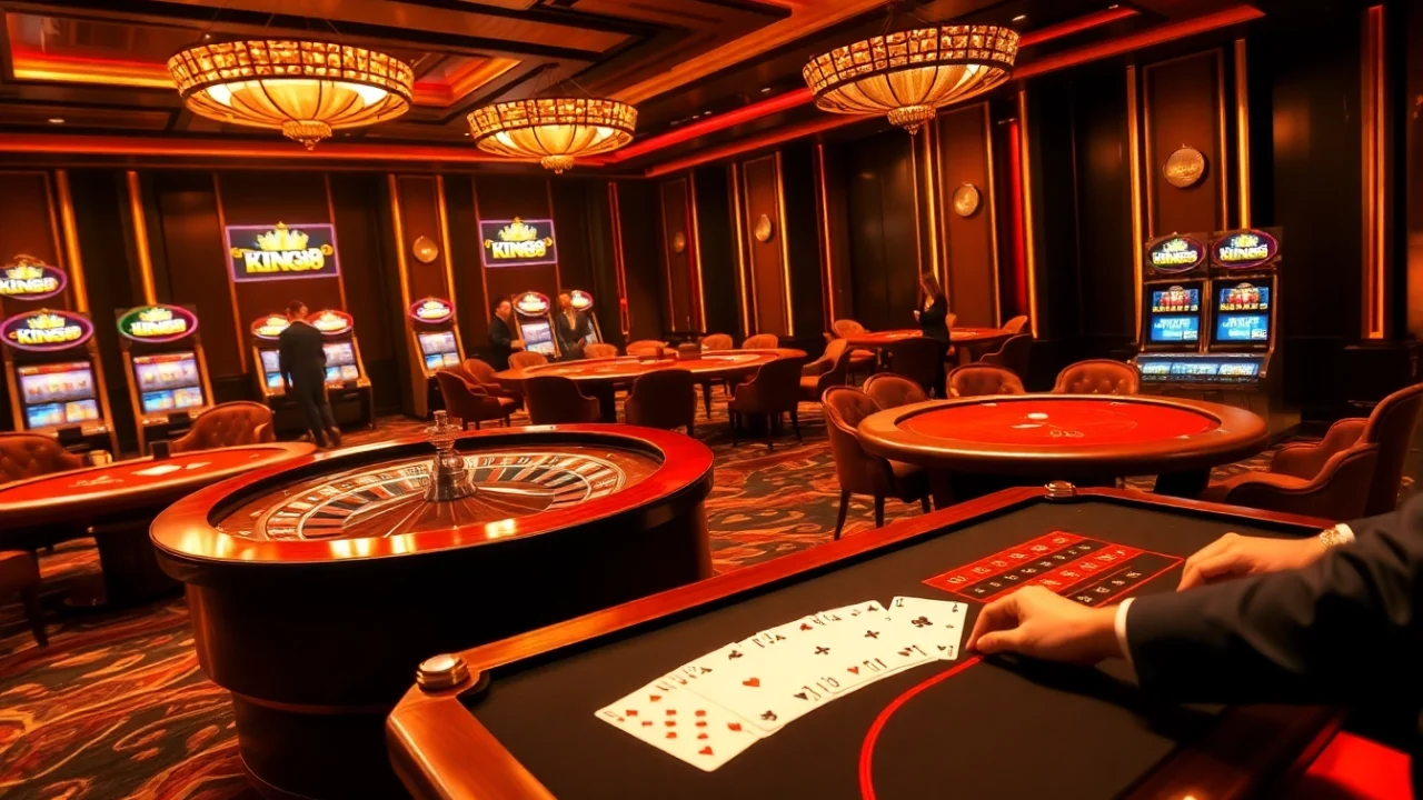 Experience the excitement of King88 in an elegant casino setting with roulette and high-stake poker elements.