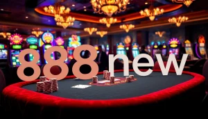 High-energy casino scene featuring poker games and slot machines at 888new.