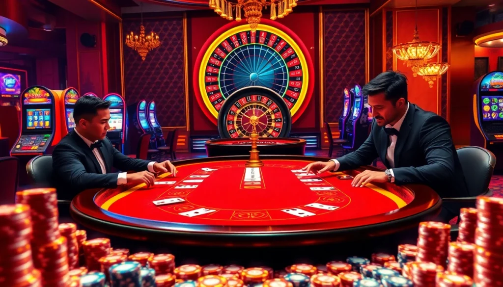 Sodo66 players enjoying a thrilling game of Baccarat in a luxurious casino setting.