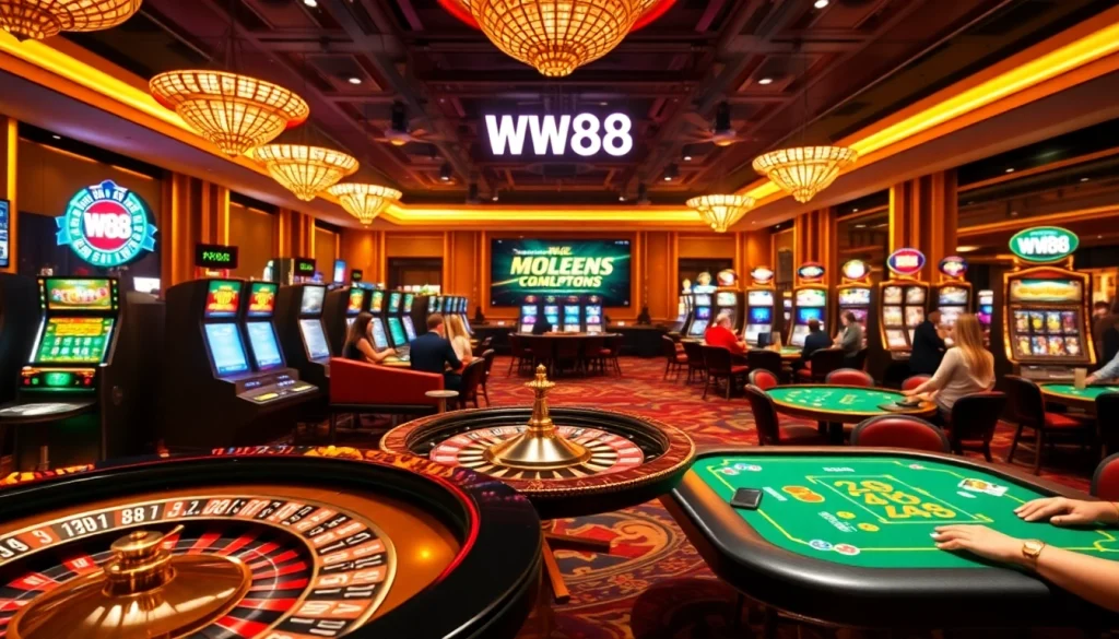 WW88 casino players enjoying a vibrant atmosphere with roulette and slot machines.