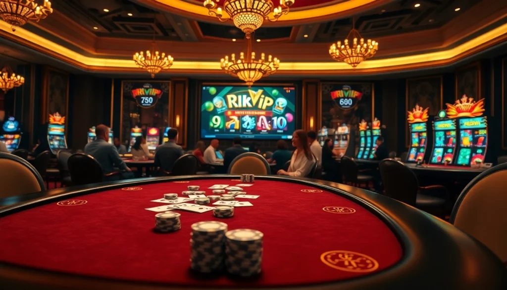 Rikvip players engaging in high-stakes poker games at a luxurious casino venue.