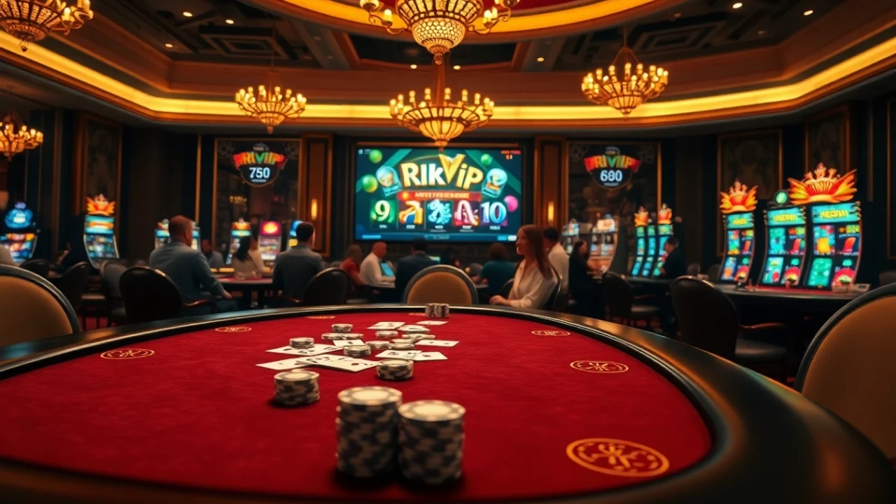 Rikvip players engaging in high-stakes poker games at a luxurious casino venue.