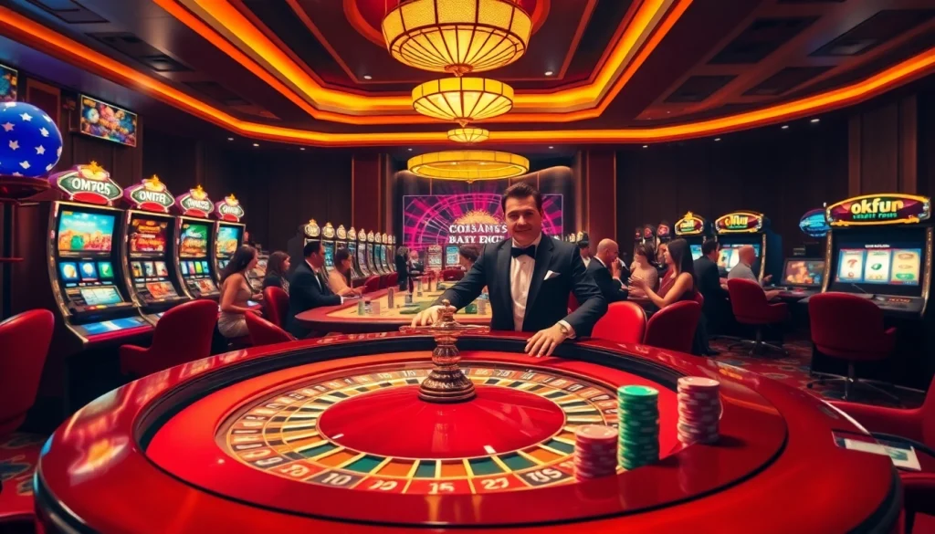 Experience thrilling casino excitement with okfun's vibrant gaming atmosphere and luxurious roulette table.