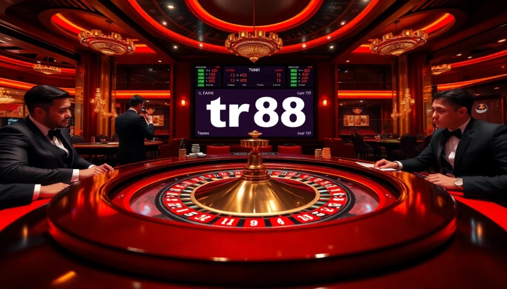 Engaging casino scene with players at roulette, highlighting tr88 betting excitement.