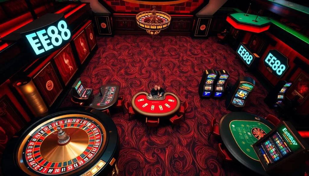 EE88 casino scene showcasing roulette wheels and vibrant slot machines in a luxury setting.