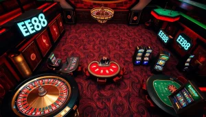 EE88 casino scene showcasing roulette wheels and vibrant slot machines in a luxury setting.