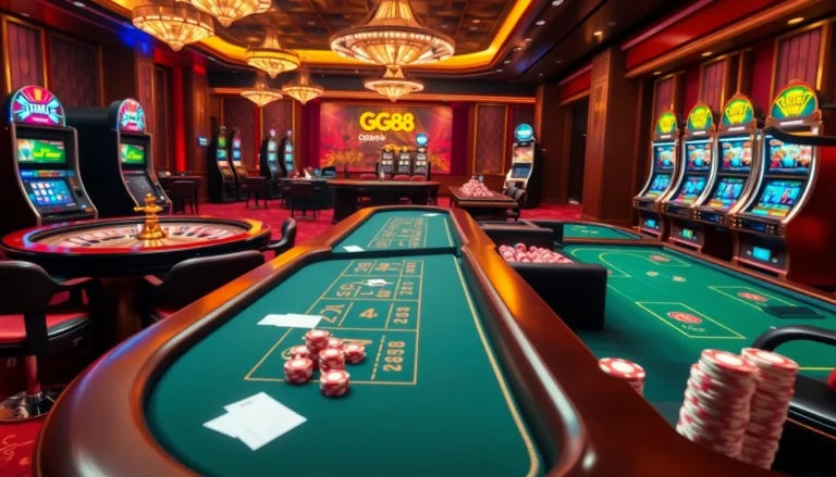 Experience the thrilling action at GG88 with vibrant casino visuals and elegant gaming elements.