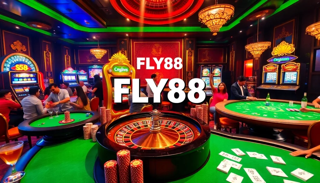 FLY88 casino scene featuring vibrant roulette table, poker chips, and excitement of gambling.