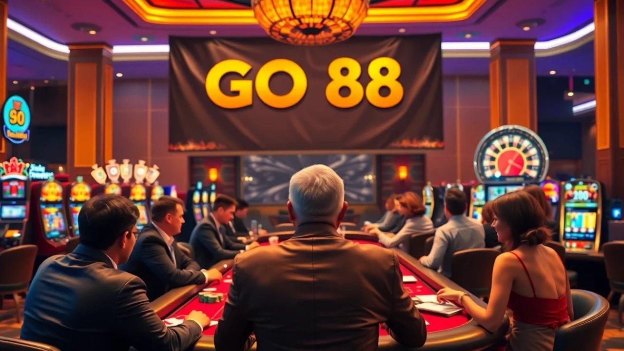 Experience the excitement of GO 88 gaming in a vibrant casino setting with gamblers at the table.