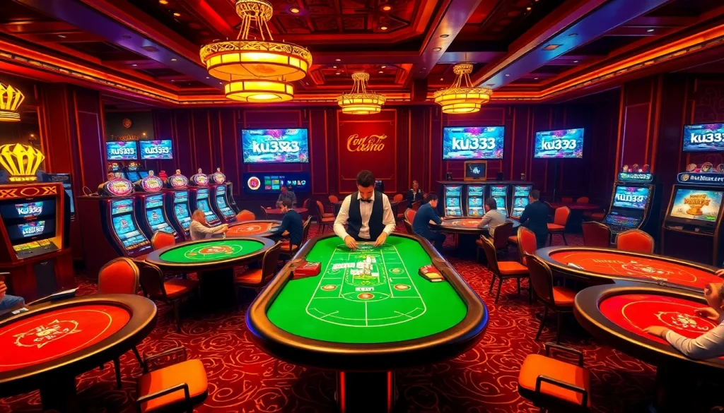 Players engaging in high-stakes Baccarat and Poker at ku3933 casino, showcasing an exciting gambling atmosphere.