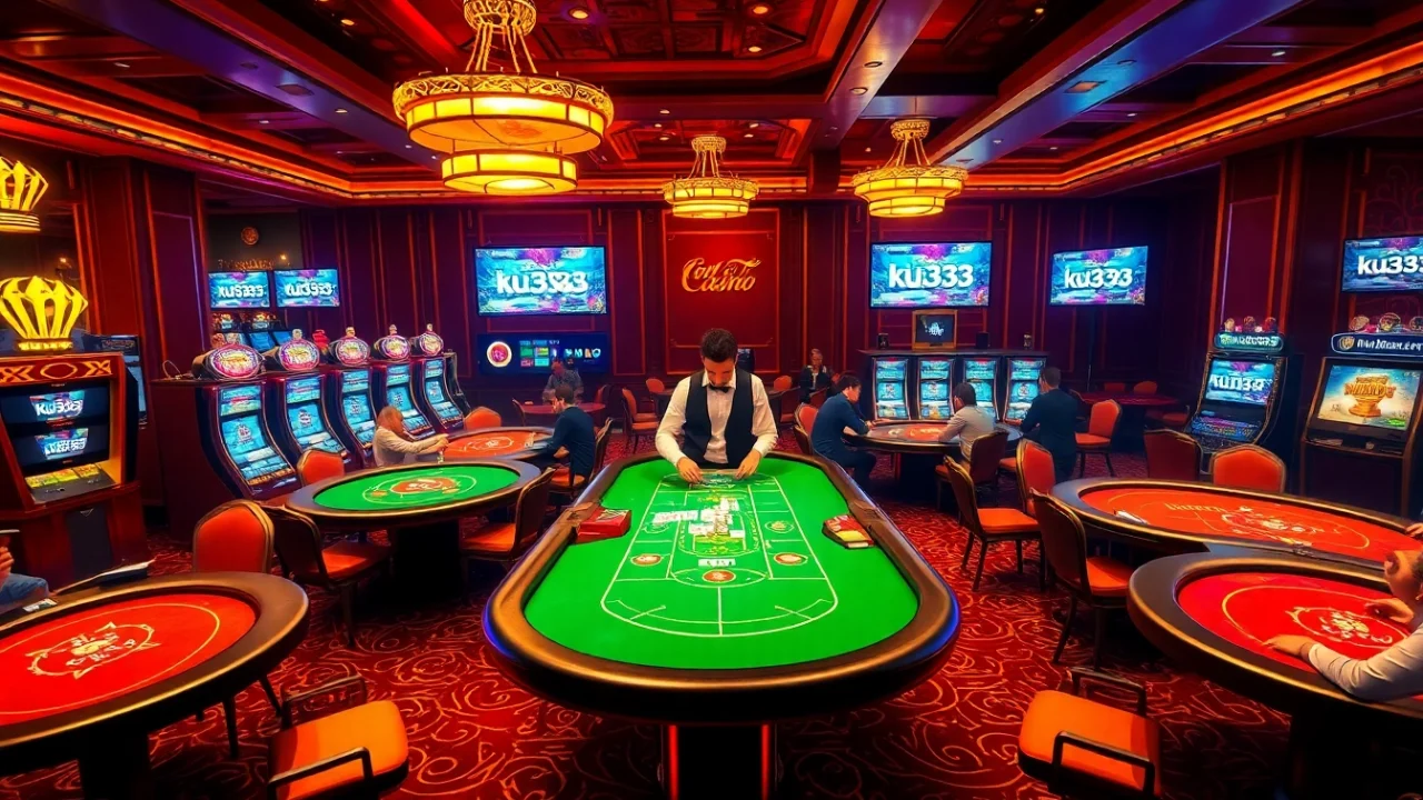 Players engaging in high-stakes Baccarat and Poker at ku3933 casino, showcasing an exciting gambling atmosphere.