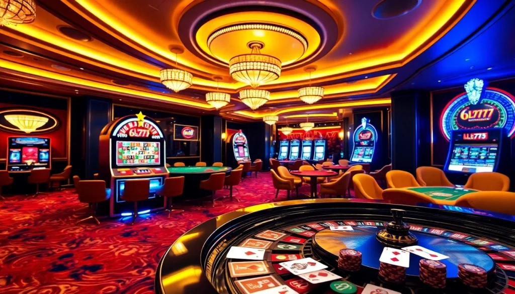 Experience the thrill of winning at 6L777 with a vibrant casino gaming scene featuring roulette and slot machines.