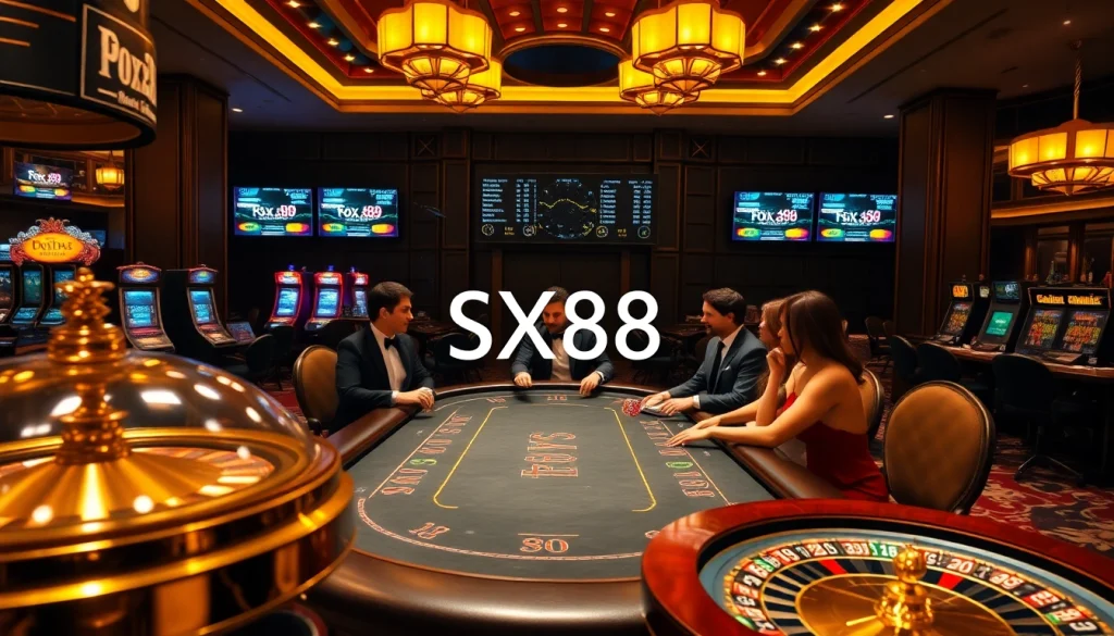 SX88 represents luxury and excitement at a high-stakes casino, showcasing poker tables and slot machines.