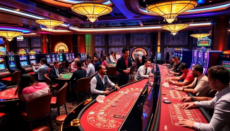 Players experience exciting gameplay at Luck8's vibrant casino with engaging tables and thrilling slot machines.