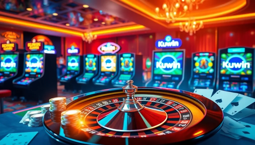 Kuwin casino scene featuring vibrant gaming elements like slot machines and poker chips.