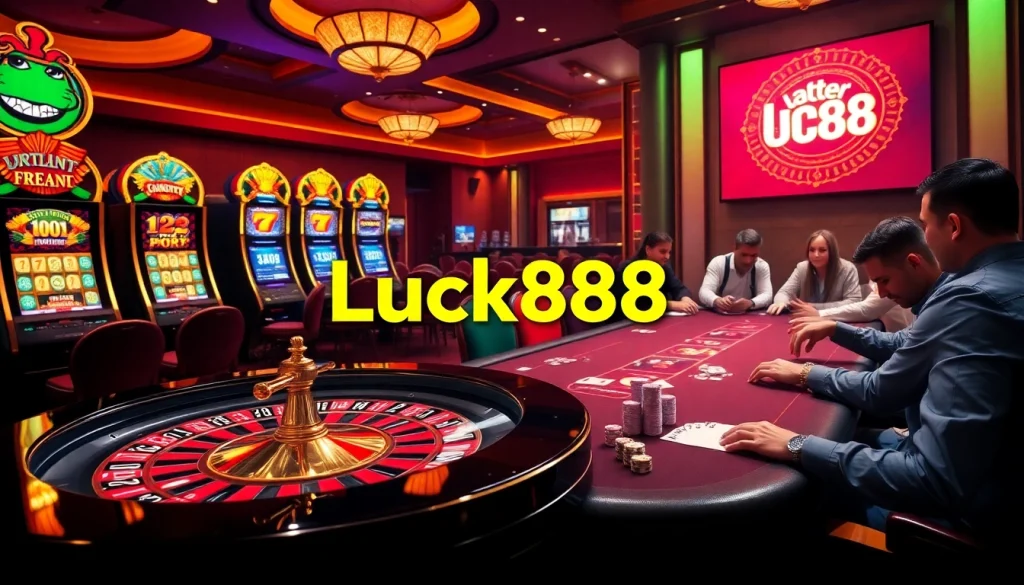 Exciting casino scene with Luck888 roulette table, vibrant slot machines, and poker action.
