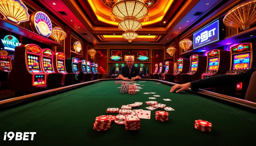 I9BET gamblers placing bets at a vibrant casino table with chips and cards.