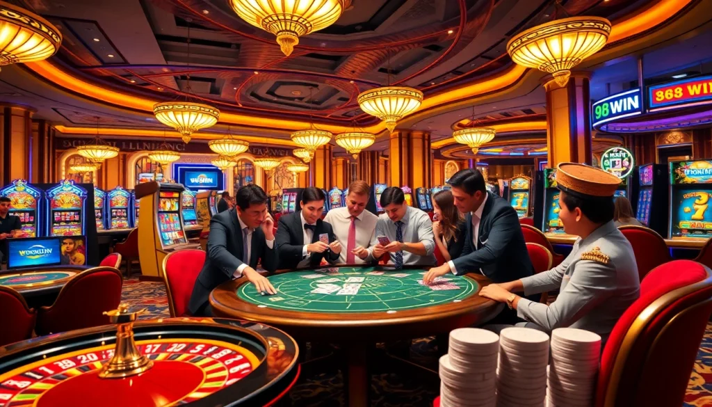 Experience the excitement of 98WIN at a luxurious poker table with vibrant gambling elements.