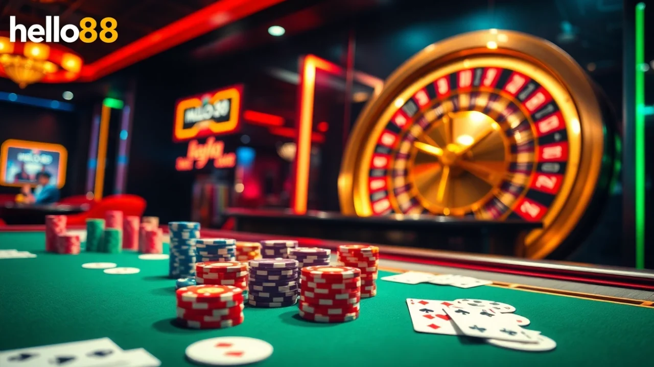 Experience the excitement of hello88 at a luxurious casino table with vibrant poker chips and cards.