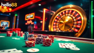 Experience the excitement of hello88 at a luxurious casino table with vibrant poker chips and cards.