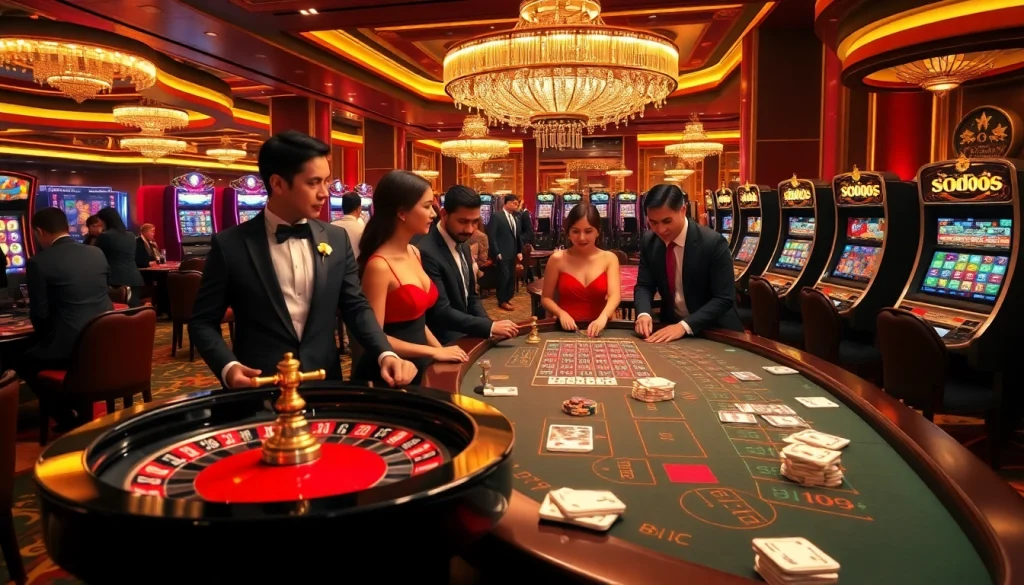 SODO66 gamblers strategically placing bets at a vibrant casino table with a roulette wheel.