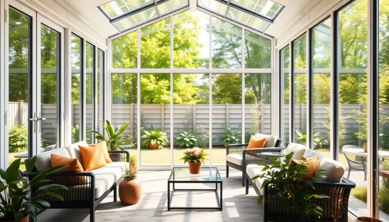 Relax in a stunning glass sunroom surrounded by nature's beauty and cozy furniture.