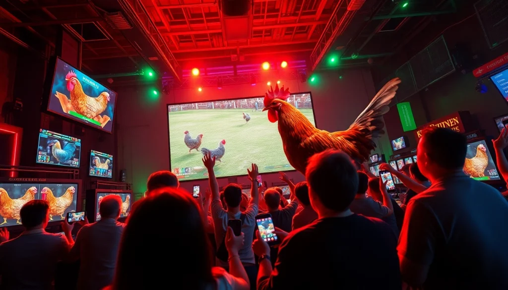 Exciting live chicken fighting scene at sv368win.live with players engaged and vibrant atmosphere.