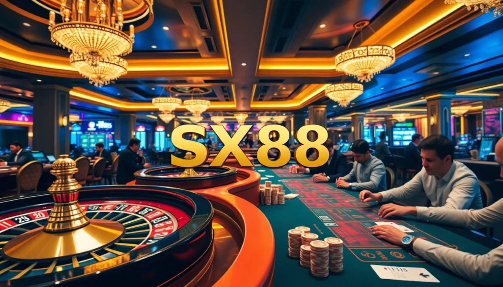 SX88 casino excitement with vibrant roulette tables and enthusiastic players betting high stakes