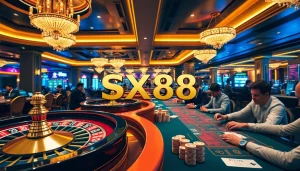 SX88 casino excitement with vibrant roulette tables and enthusiastic players betting high stakes