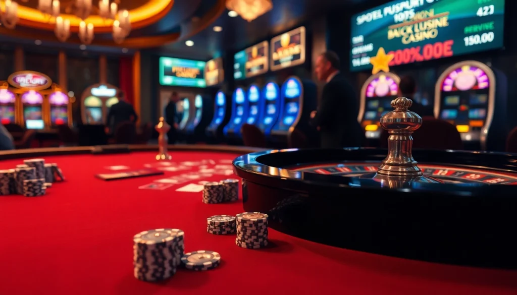 Players engaging at an S8 casino table with chips, cards, and a thrilling roulette wheel.