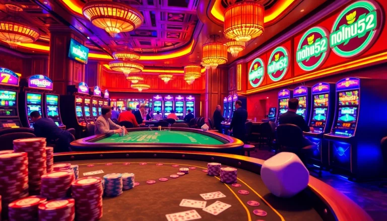 Nohu52 logo displayed amidst an exciting casino scene with poker chips and engaging players