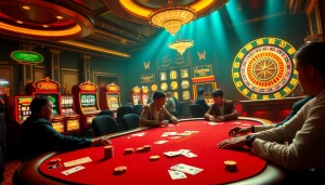 Players engage in thrilling poker action at a GG88 casino table, surrounded by vibrant gaming elements.