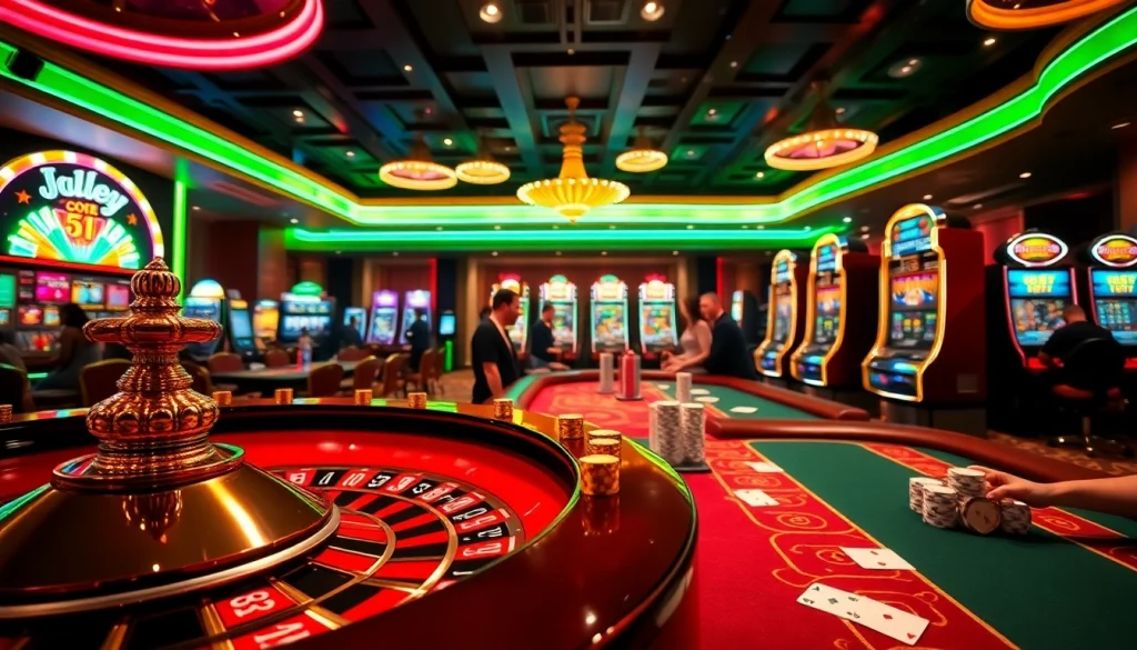 Excited players at a lively casino scene representing https://lc88.art/ with roulette and poker action.