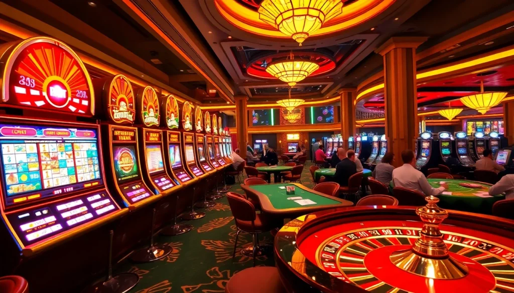 Exciting gambling scene at PG88 Casino with vibrant slot machines and poker tables.