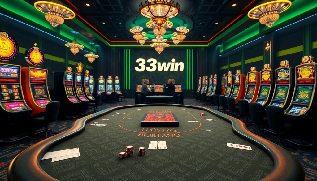 Exciting scene of high-stakes poker and blackjack at 33win's online casino, showcasing luxury and thrill.