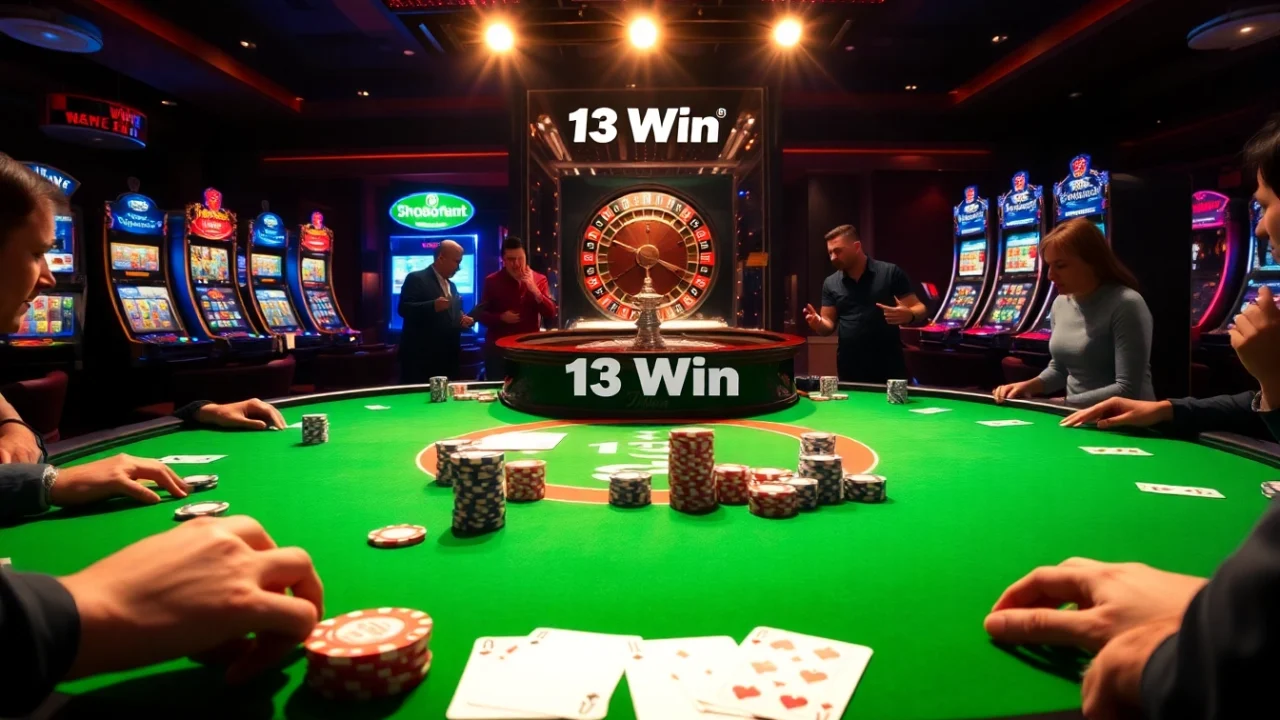 Players engaged in thrilling games at a 13Win casino table, showcasing luxury and excitement.
