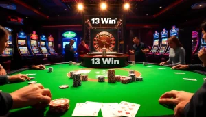 Players engaged in thrilling games at a 13Win casino table, showcasing luxury and excitement.