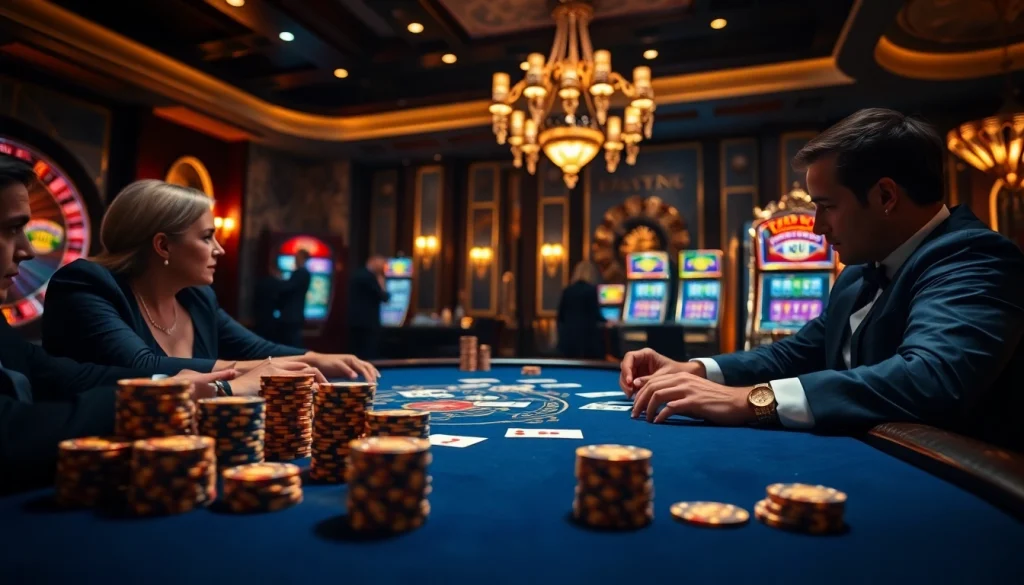 Players strategizing at a poker table in a luxury casino, embodying the essence of PS 99 gaming excitement.