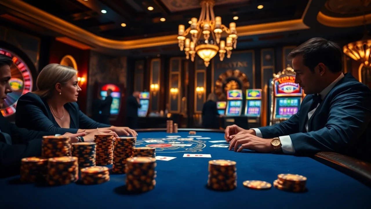 Players strategizing at a poker table in a luxury casino, embodying the essence of PS 99 gaming excitement.